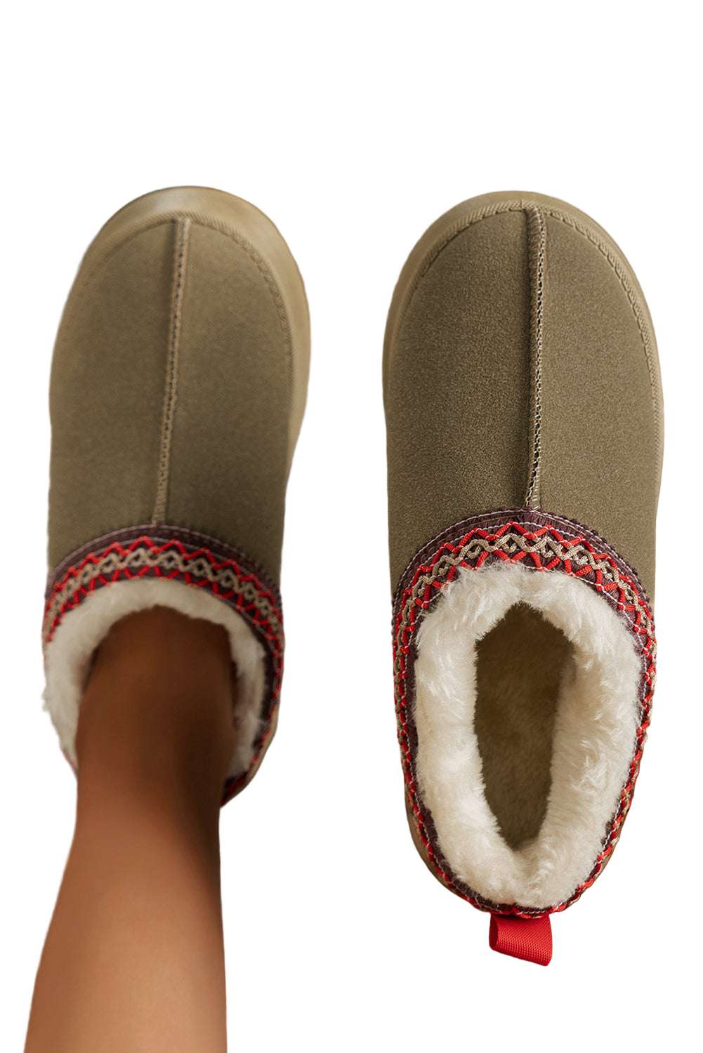 Chestnut Suede Contrast Print Round Toe Plush Lined Flats