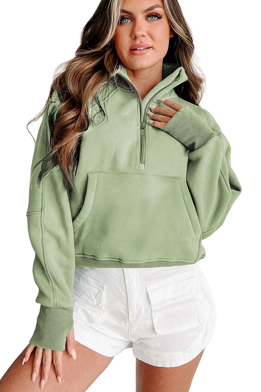 Gray Zip Up Stand Collar Ribbed Thumbhole Sleeve Sweatshirt