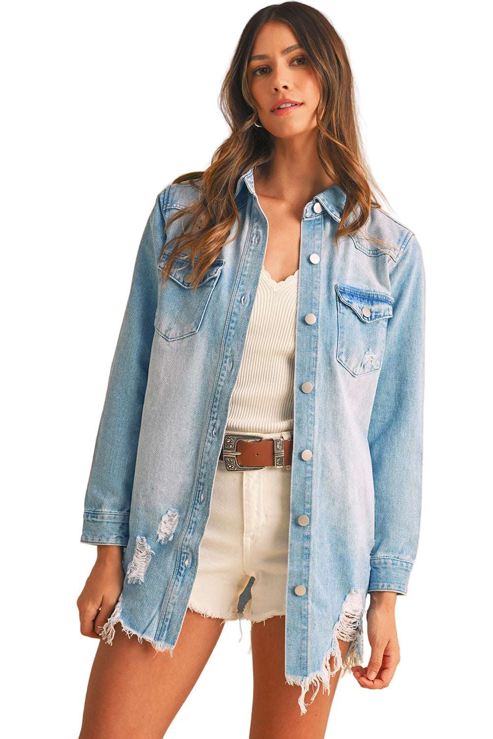 Beau Blue Light Wash Distressed Frayed Long Denim Shacket