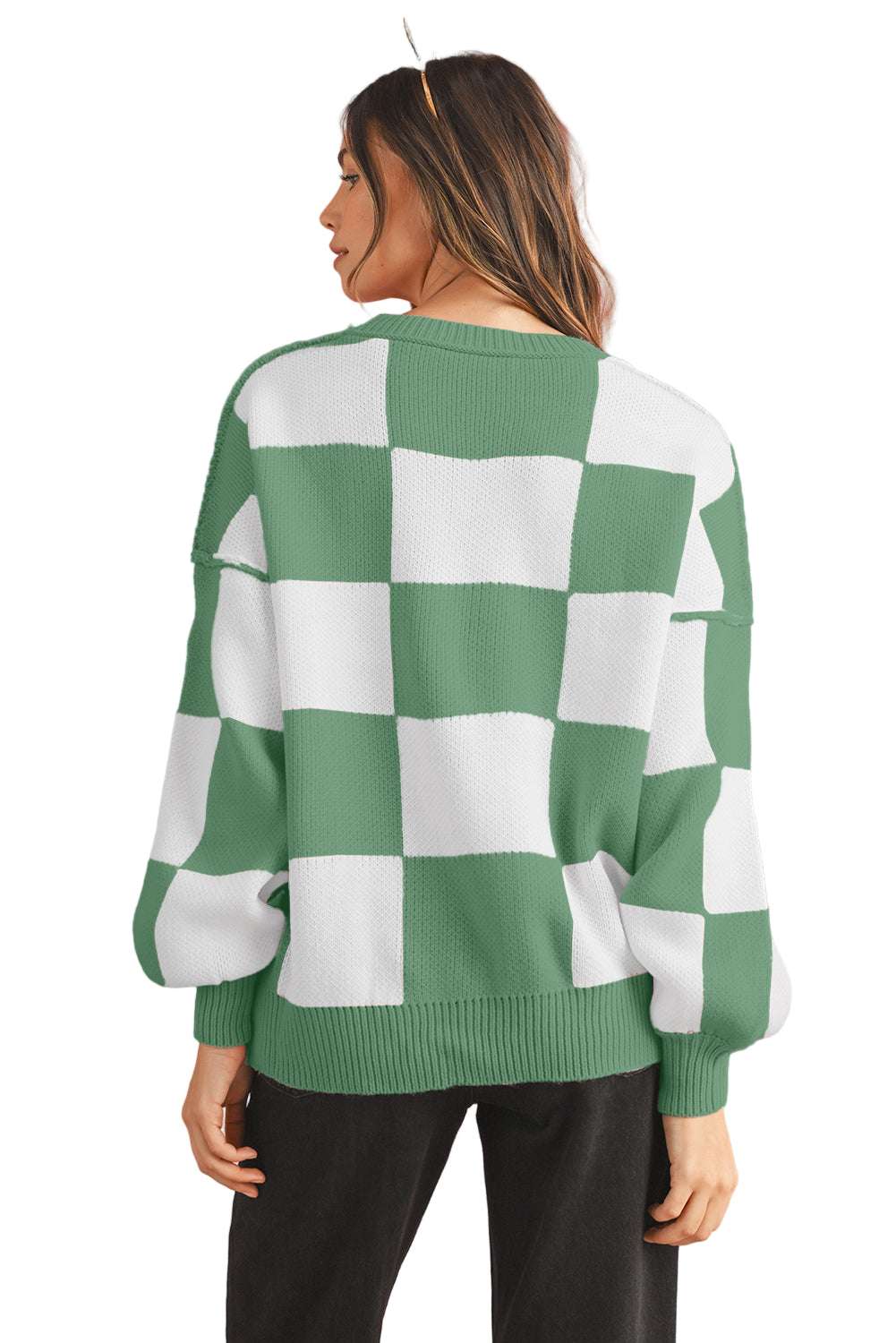 Dark Brown Plaid Bishop Sleeve Pullover Sweater