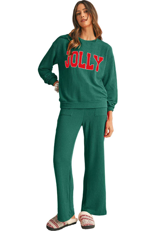 Evergreen Crinkle Rib JOLLY Pattern Long Sleeve Top and Pockets Pants Set