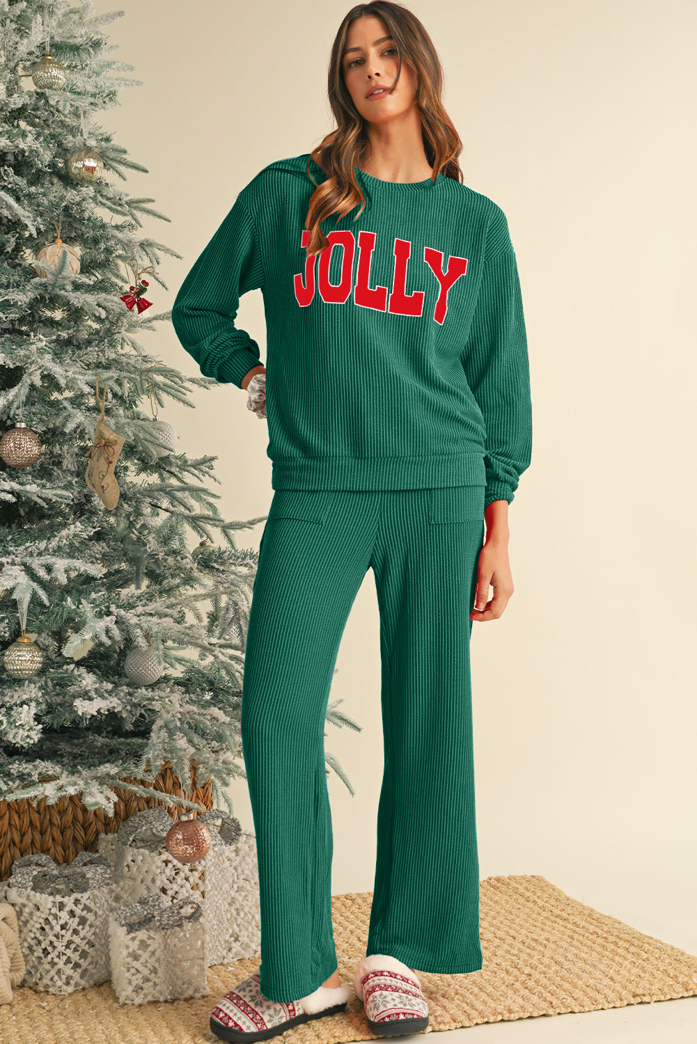 Evergreen Crinkle Rib JOLLY Pattern Long Sleeve Top and Pockets Pants Set
