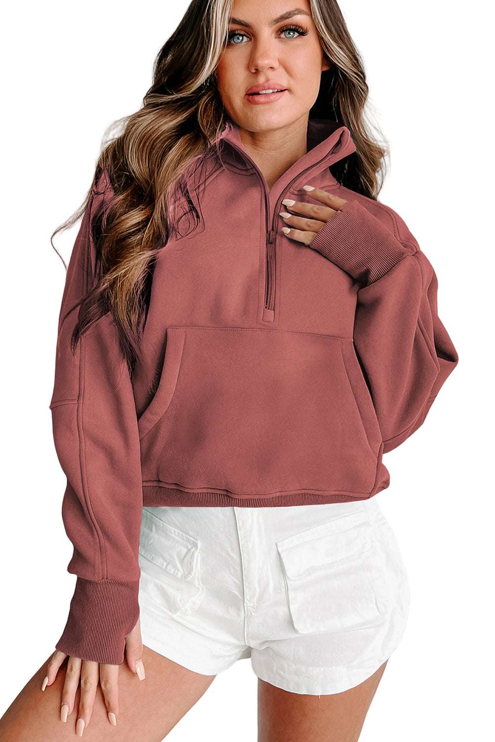 Gray Zip Up Stand Collar Ribbed Thumbhole Sleeve Sweatshirt