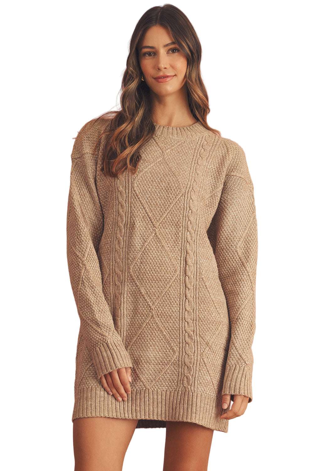 Mist Green Twist Cable Knit Drop Shoulder Loose Fit Sweater Dress