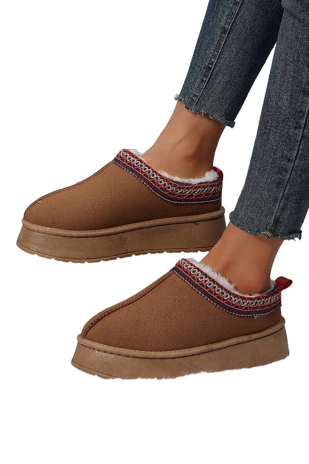 Chestnut Suede Contrast Print Round Toe Plush Lined Flats