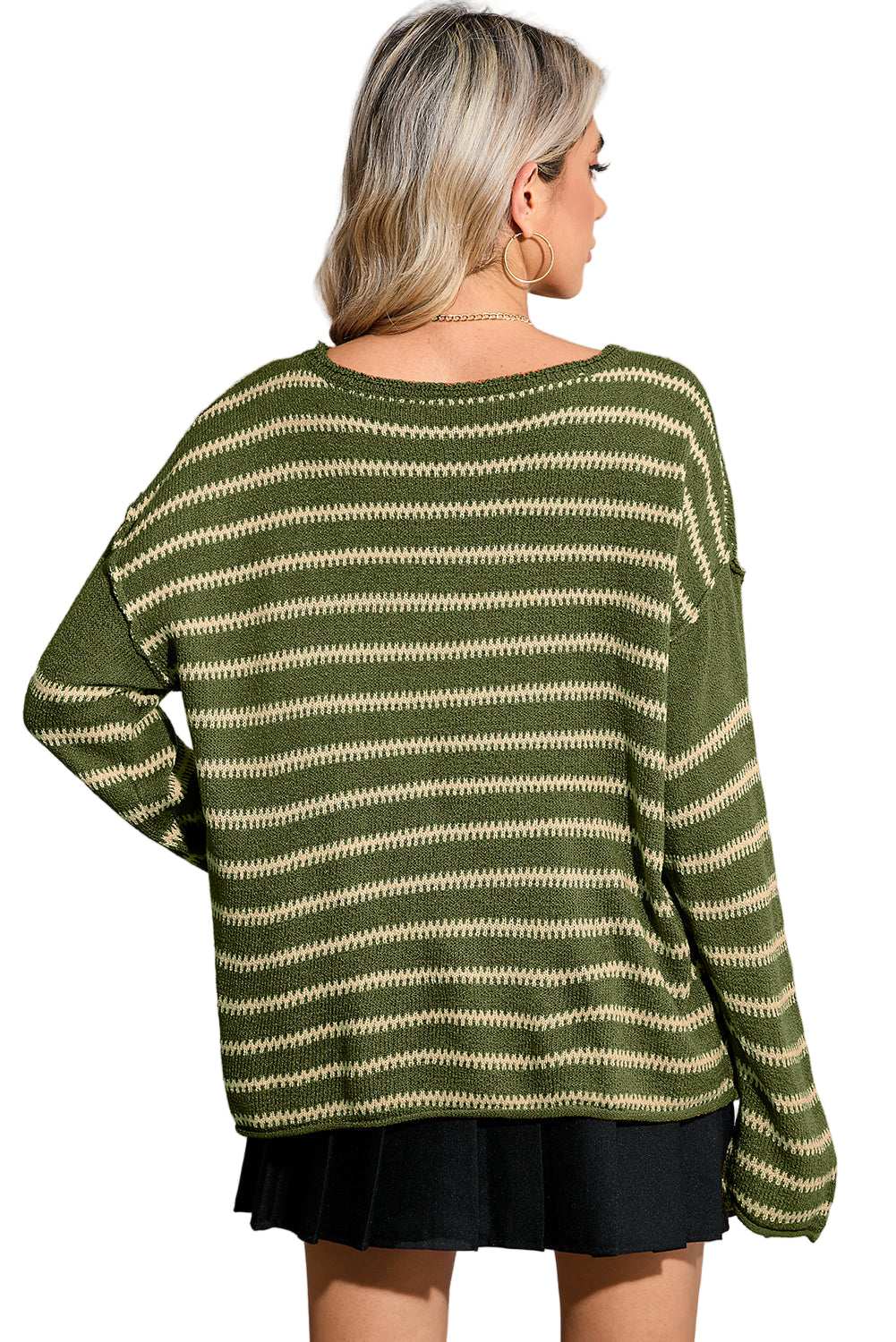 Green Stripe Casual Stripe Round Neck Drop Shoulder Sweater