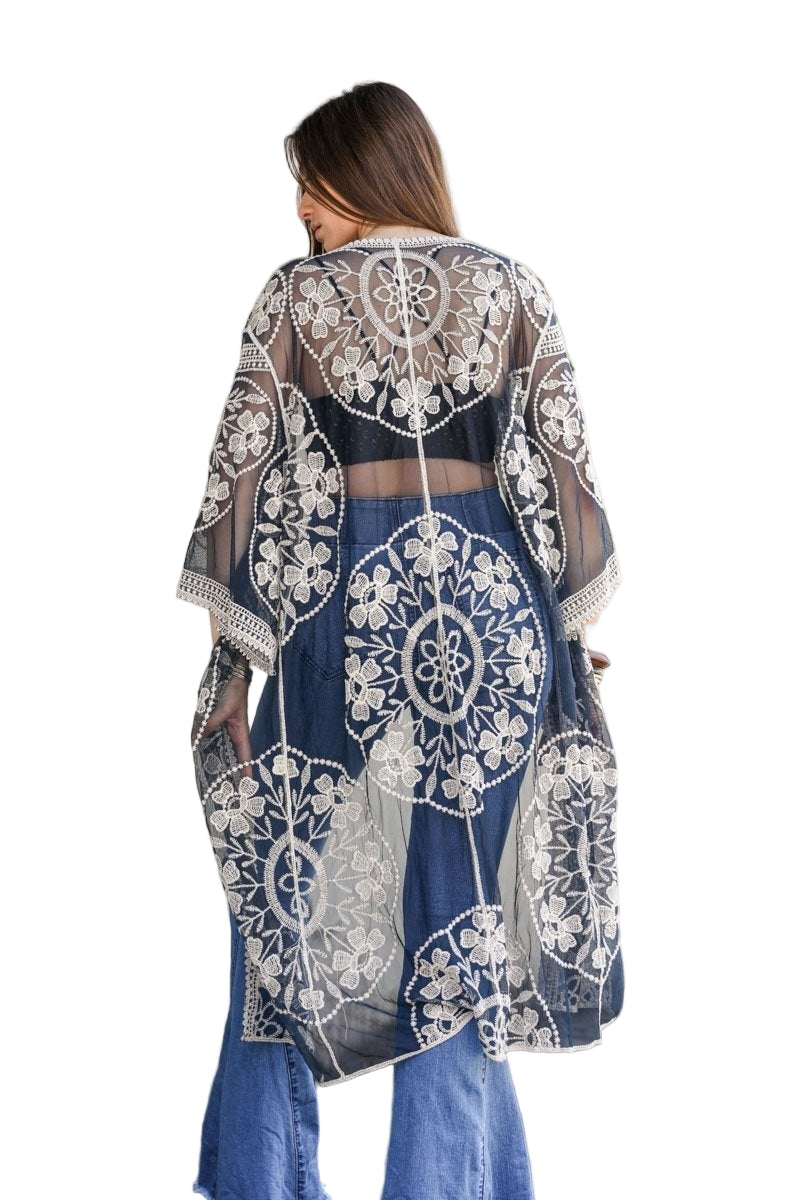 Contrast Mesh Cotton Lace Kimono