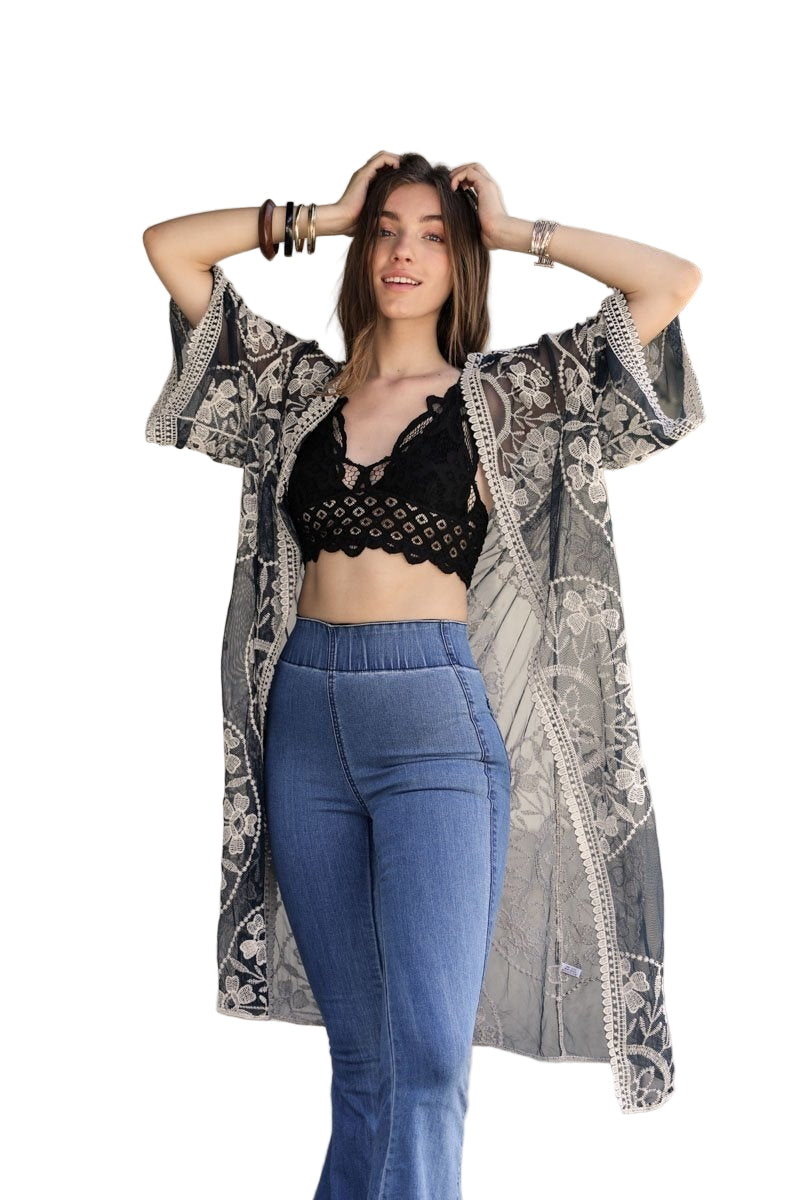 Contrast Mesh Cotton Lace Kimono