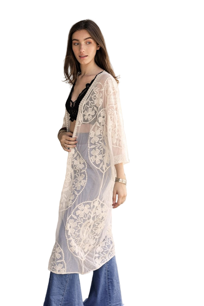 Contrast Mesh Cotton Lace Kimono