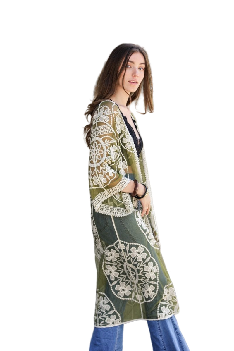Contrast Mesh Cotton Lace Kimono
