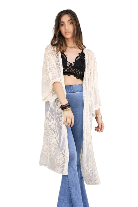 Contrast Mesh Cotton Lace Kimono