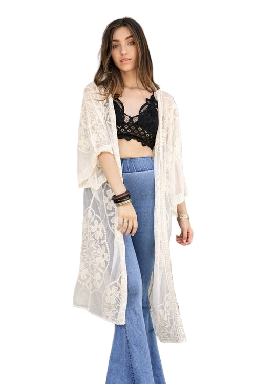 Contrast Mesh Cotton Lace Kimono