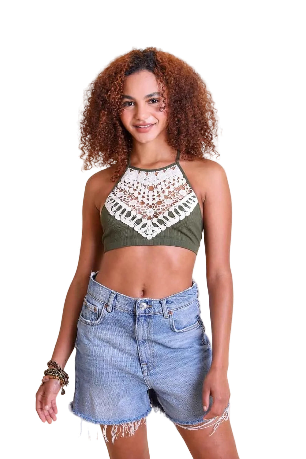 Crochet Lace High Neck Bralette – Halter Style with Cross-Back
