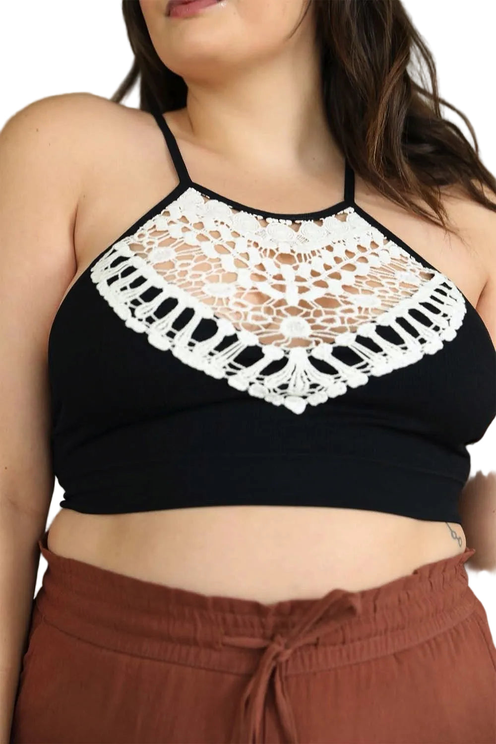 Crochet Lace High Neck Bralette – Halter Style with Cross-Back