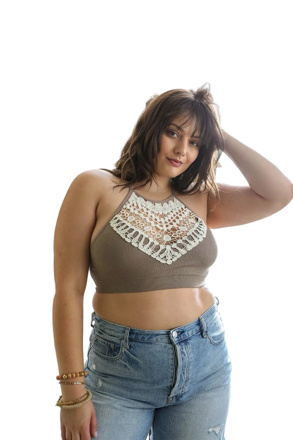 Crochet Lace High Neck Bralette – Halter Style with Cross-Back