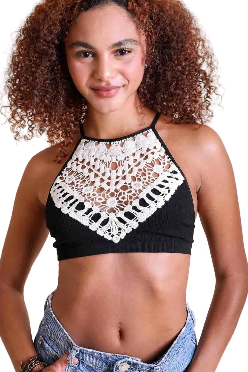 Crochet Lace High Neck Bralette – Halter Style with Cross-Back