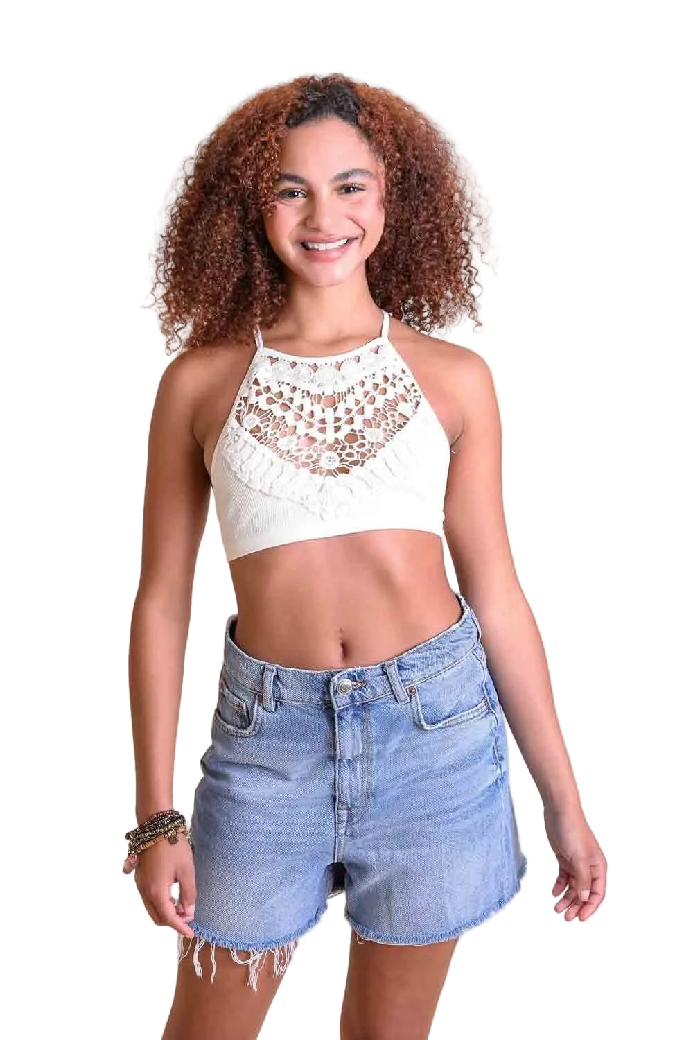 Crochet Lace High Neck Bralette – Halter Style with Cross-Back