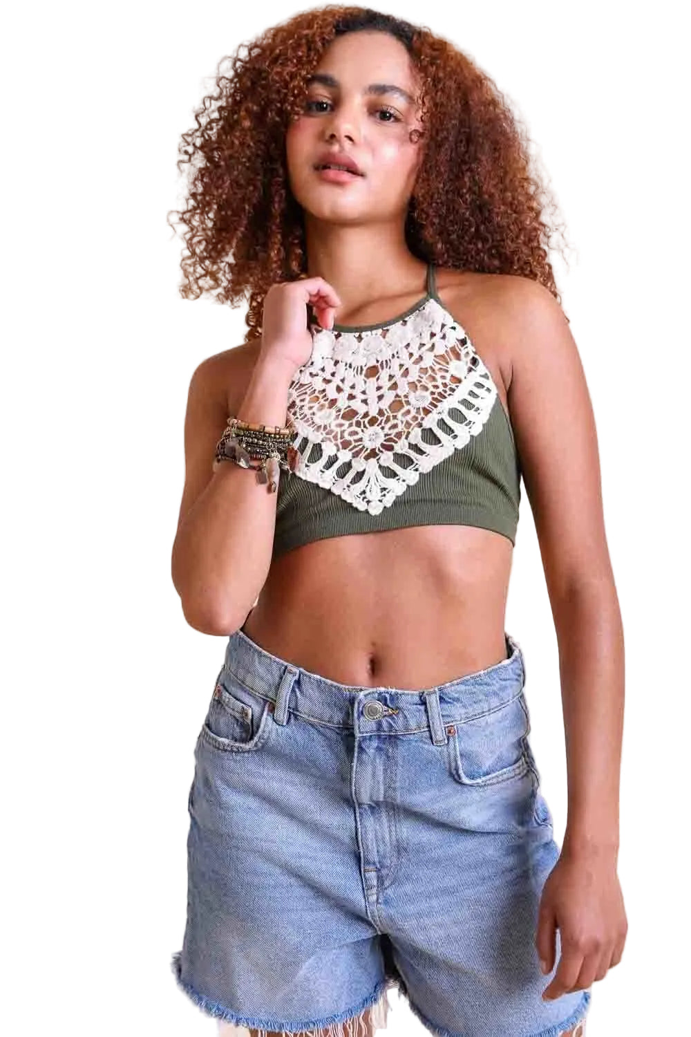 Crochet Lace High Neck Bralette – Halter Style with Cross-Back
