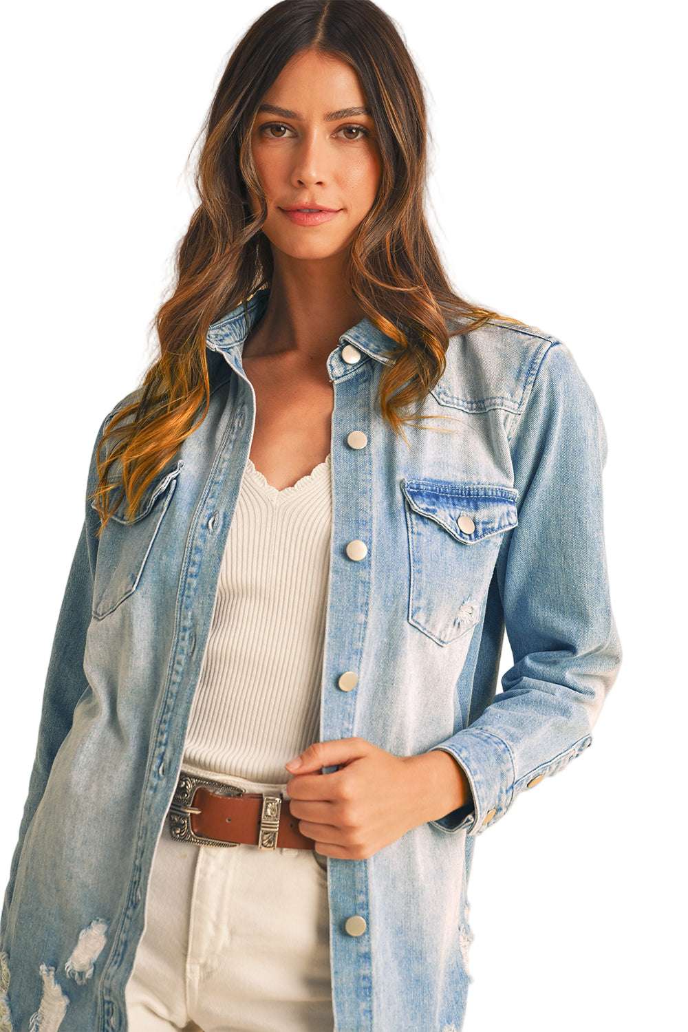 Beau Blue Light Wash Distressed Frayed Long Denim Shacket