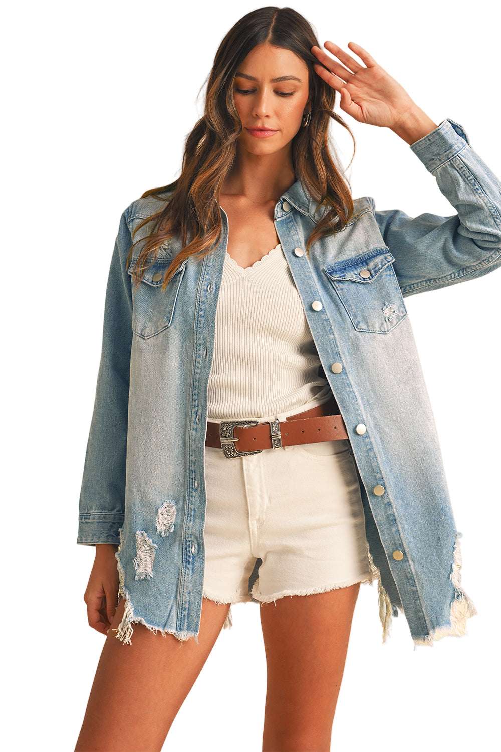 Beau Blue Light Wash Distressed Frayed Long Denim Shacket