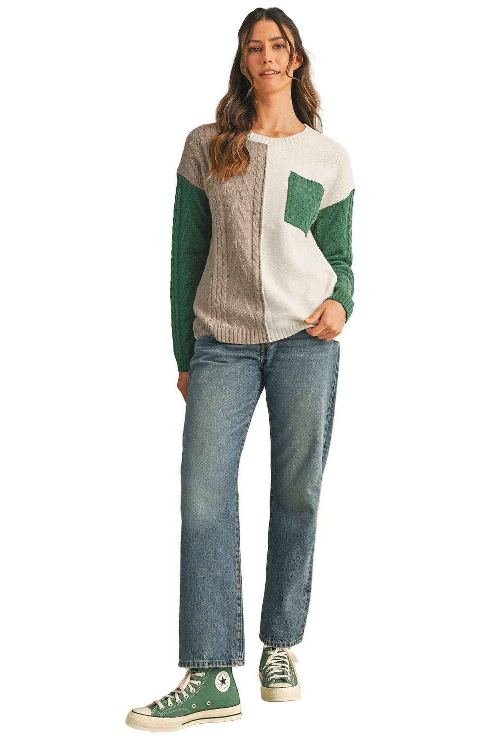 Vineyard Green Colorblock Pocket Drop Shoulder Sweater