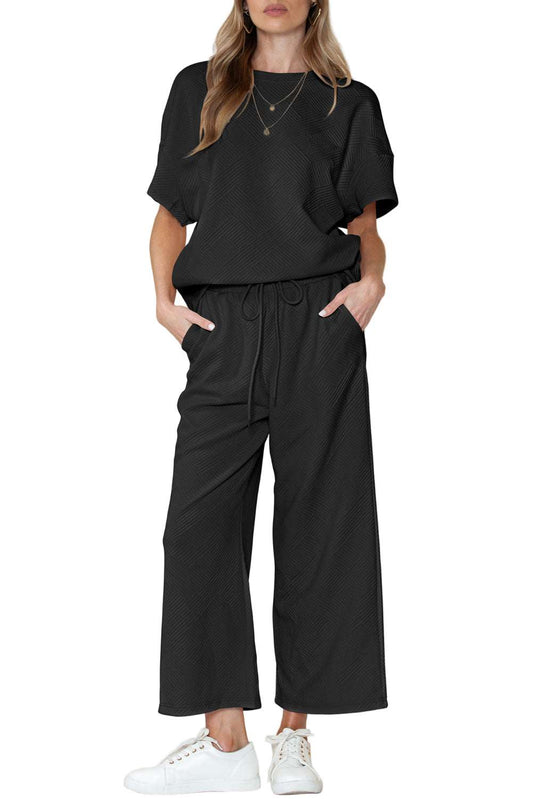 Black Textured Loose Fit T Shirt and Drawstring Pants Set