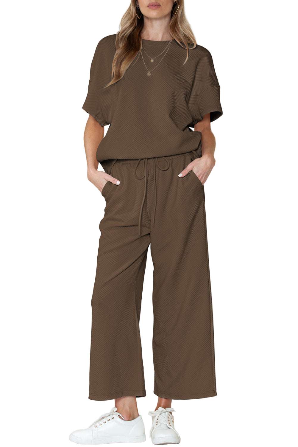 Black Textured Loose Fit T Shirt and Drawstring Pants Set