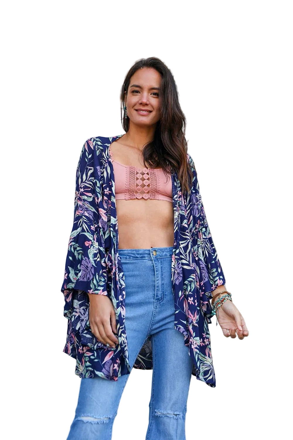 Tropical Leaves Draped Sleeve Kimono
