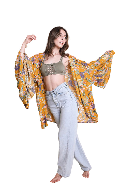 Tropical Leaves Draped Sleeve Kimono