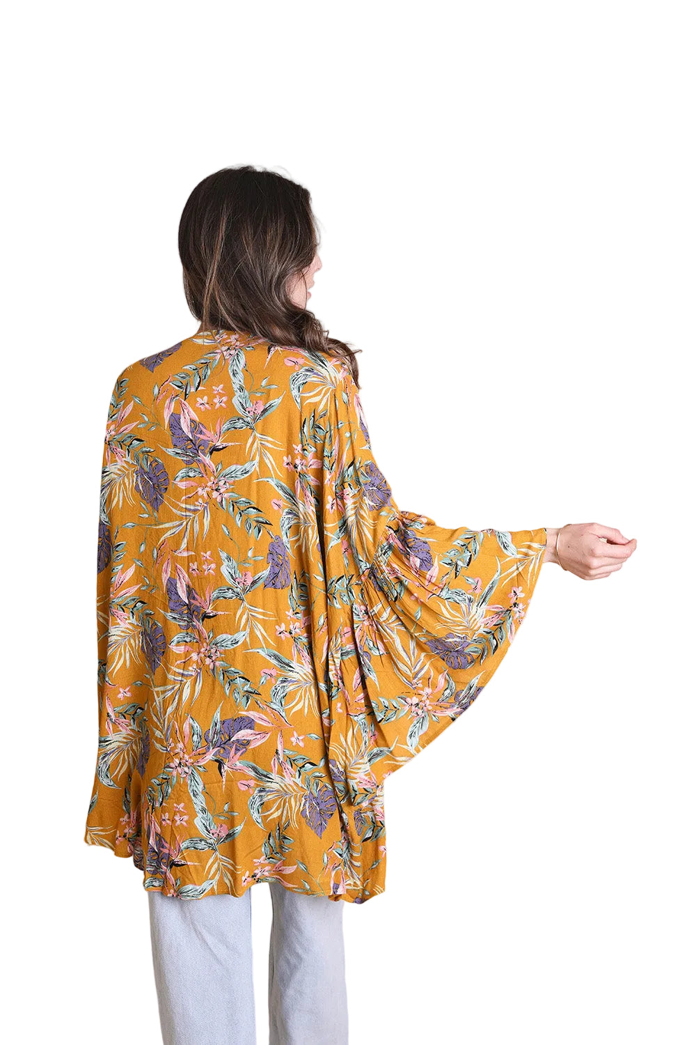 Tropical Leaves Draped Sleeve Kimono