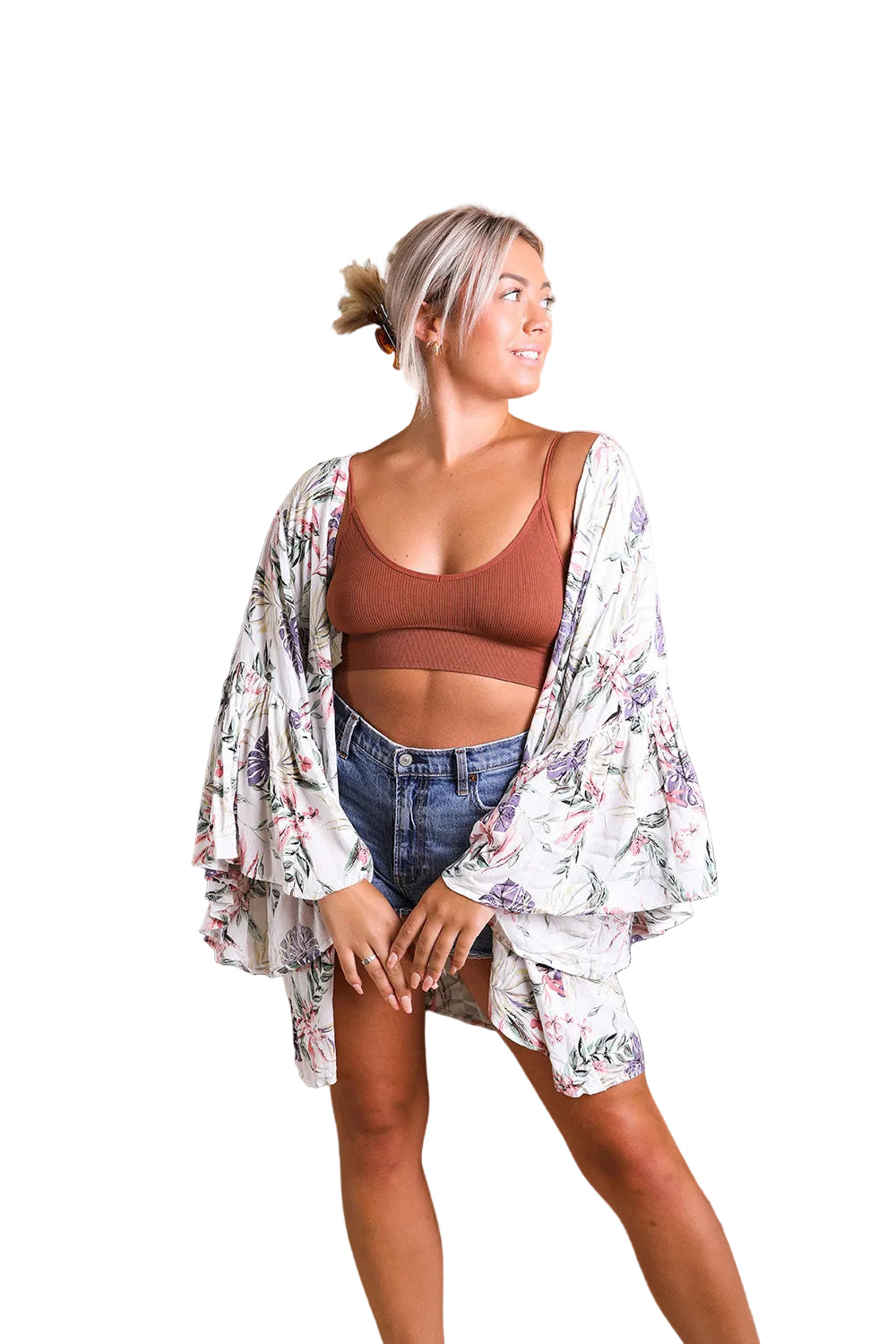 Tropical Leaves Draped Sleeve Kimono