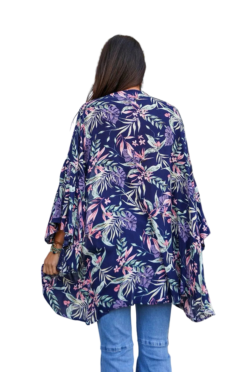 Tropical Leaves Draped Sleeve Kimono
