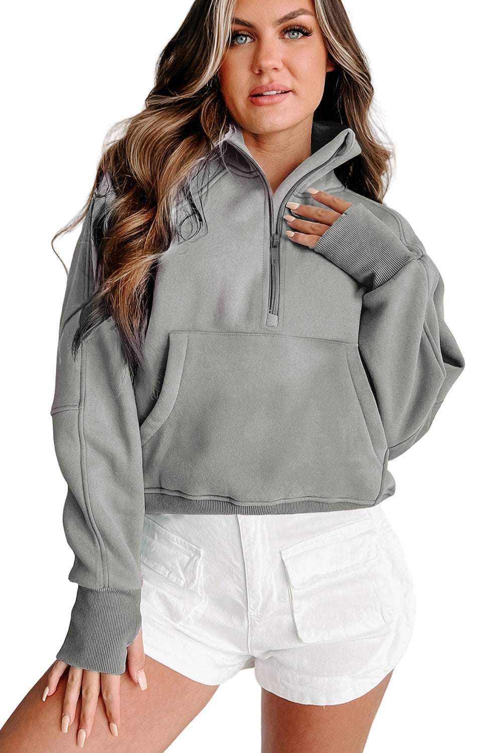 Gray Zip Up Stand Collar Ribbed Thumbhole Sleeve Sweatshirt
