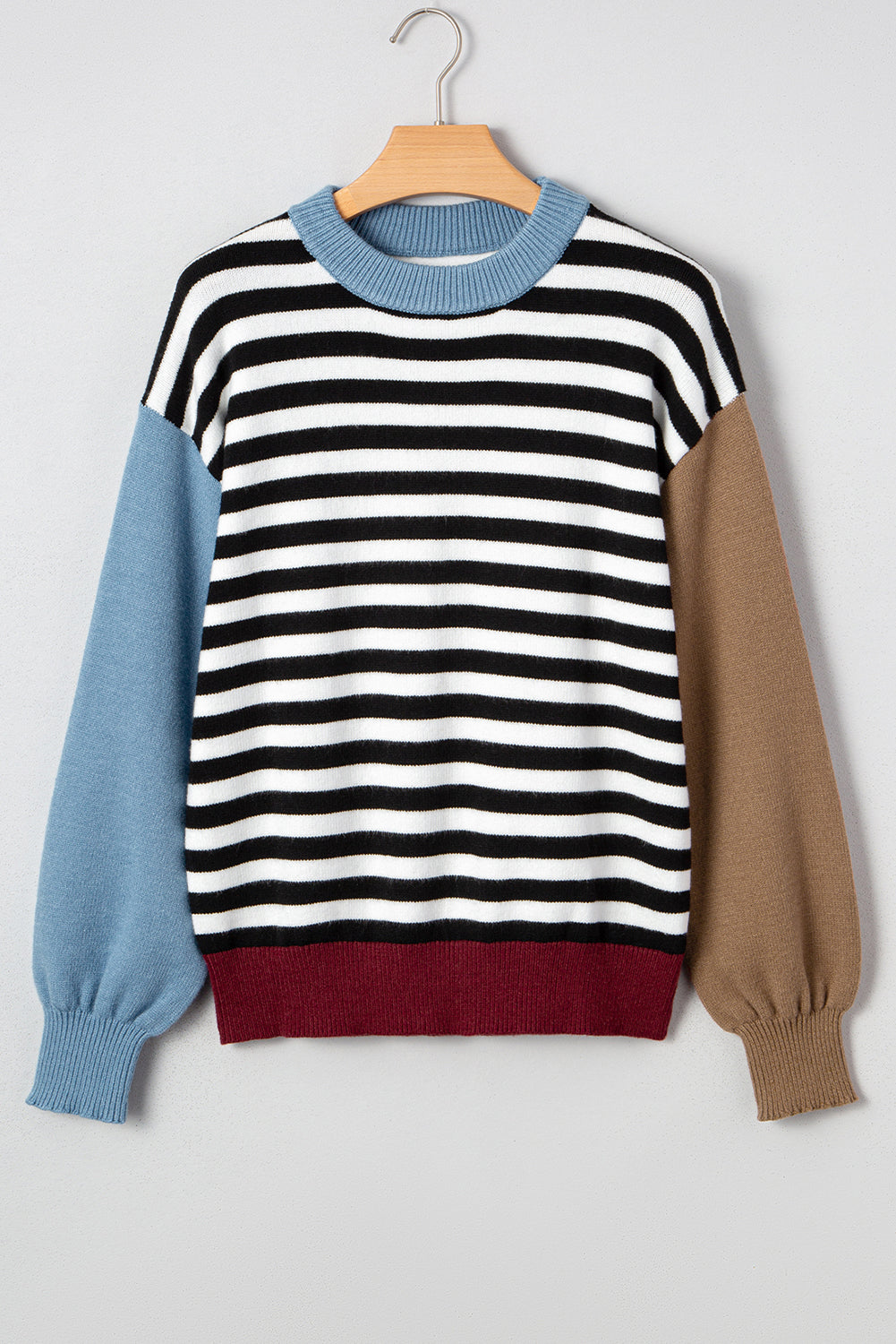 Black Striped Colorblock Patchwork Long Sleeve Sweater