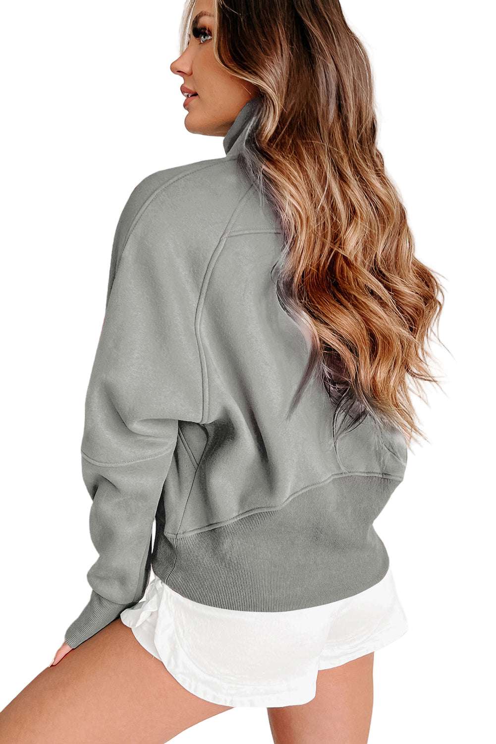 Gray Zip Up Stand Collar Ribbed Thumbhole Sleeve Sweatshirt