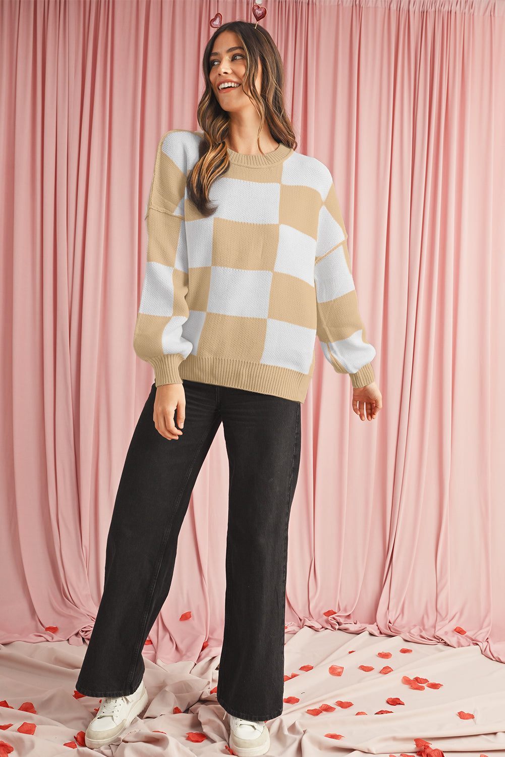 Dark Brown Plaid Bishop Sleeve Pullover Sweater