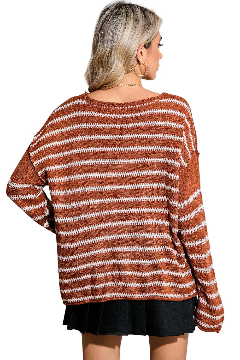 Green Stripe Casual Stripe Round Neck Drop Shoulder Sweater