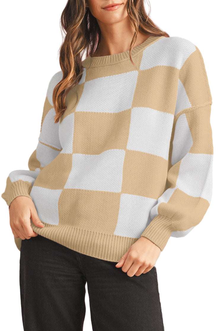 Dark Brown Plaid Bishop Sleeve Pullover Sweater
