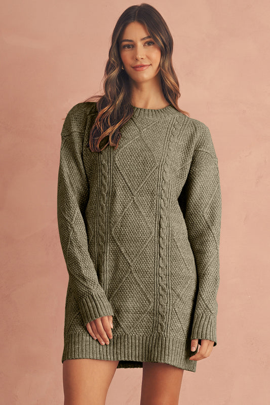 Mist Green Twist Cable Knit Drop Shoulder Loose Fit Sweater Dress