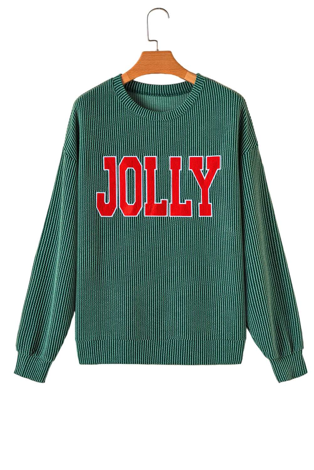 Evergreen Crinkle Rib JOLLY Pattern Long Sleeve Top and Pockets Pants Set