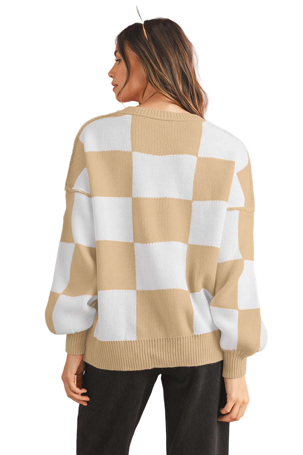 Dark Brown Plaid Bishop Sleeve Pullover Sweater