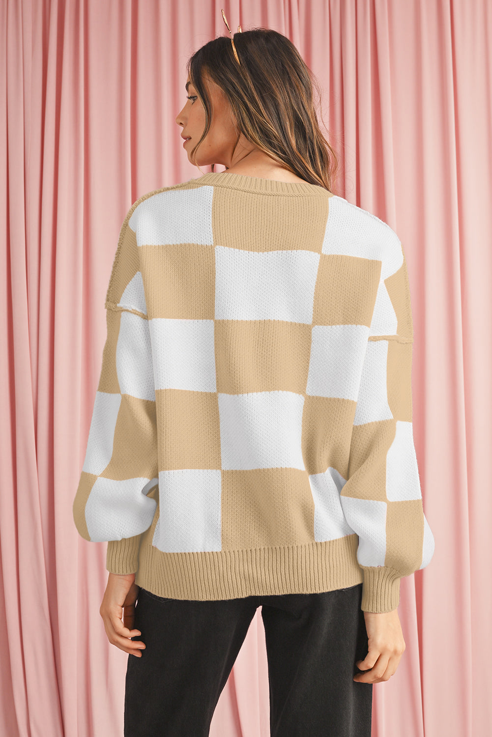 Dark Brown Plaid Bishop Sleeve Pullover Sweater