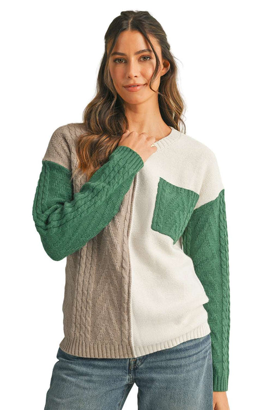 Vineyard Green Colorblock Pocket Drop Shoulder Sweater