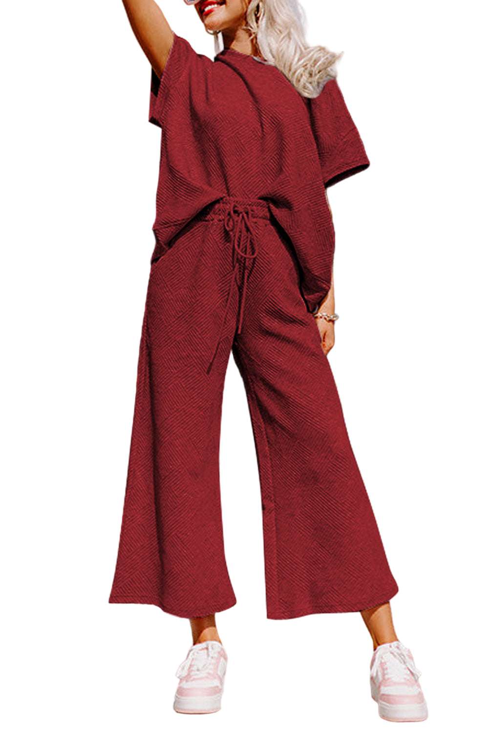Black Textured Loose Fit T Shirt and Drawstring Pants Set