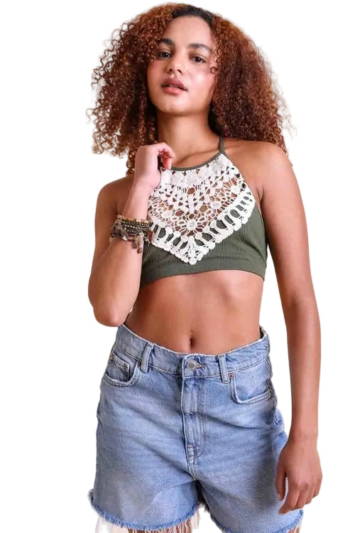 Crochet Lace High Neck Bralette – Halter Style with Cross-Back