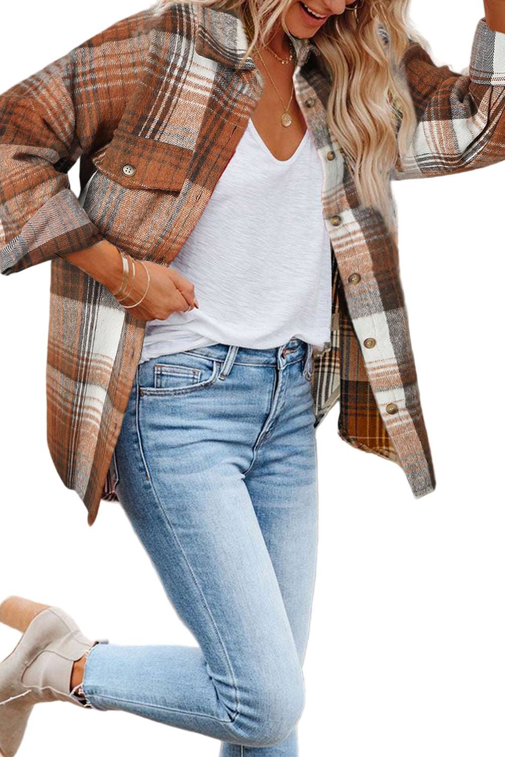 Gold Flame & Grey Plaid Button Up Collared Flannel Shacket