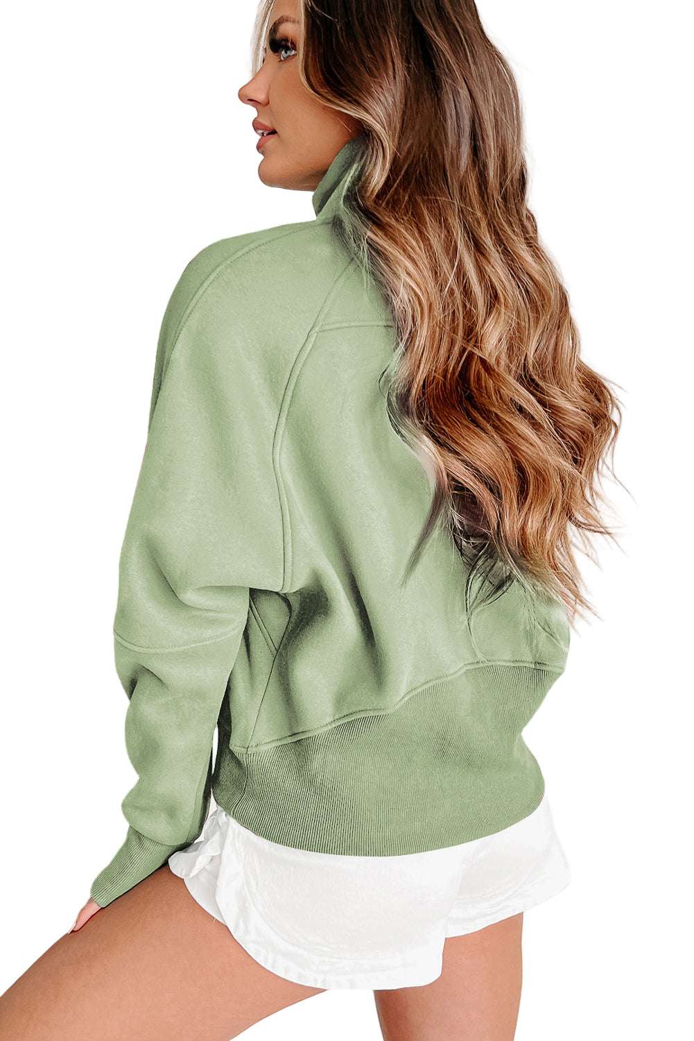 Gray Zip Up Stand Collar Ribbed Thumbhole Sleeve Sweatshirt