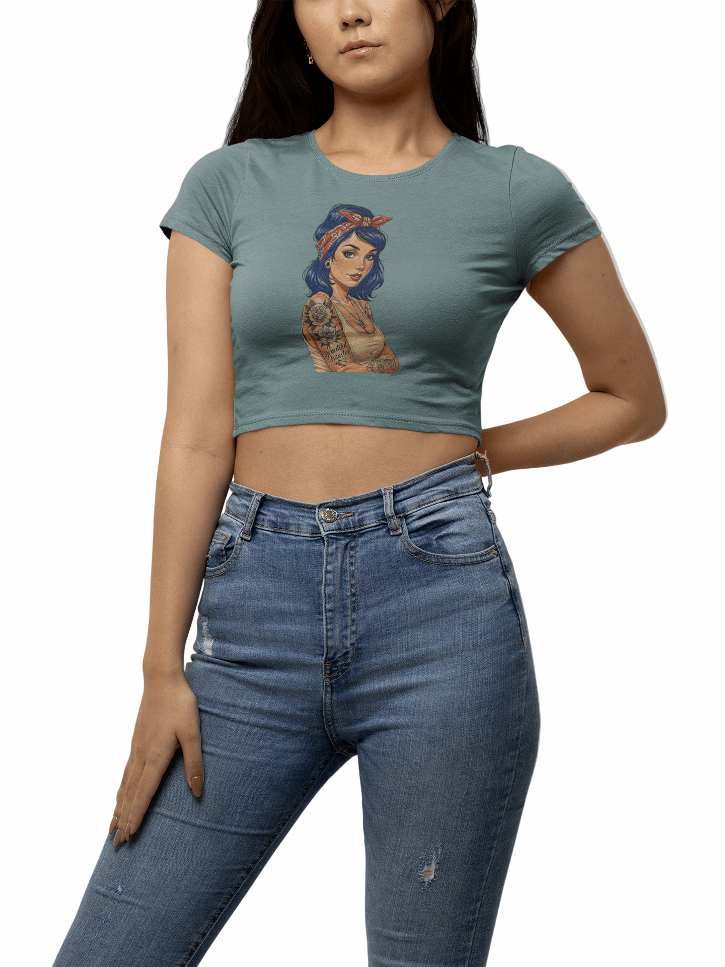 Vintage Beautiful Disaster Tattooed Pin Up Crop Top
