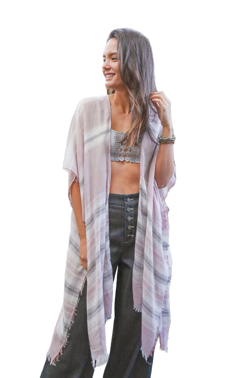 Striped Frayed Colorful Kimono