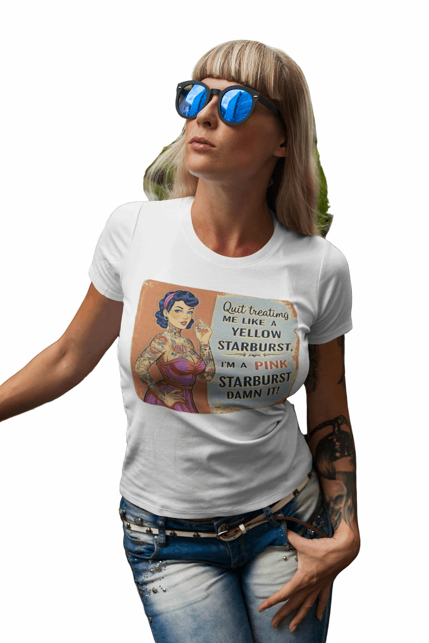 Vintage Tattooed Pin Up Pink Starburst Slim Fit Graphic Tee